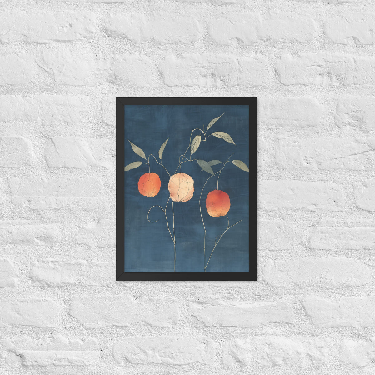 Framed matte paper poster: Orange and pale ground cherries hang from slender stems against a deep blue background.
