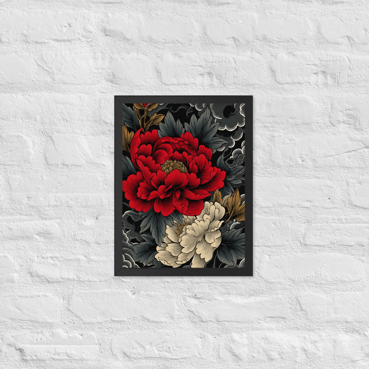 Framed matte paper poster: Vermilion and ivory peonies stand out against dark leaves and curling ink-like clouds.