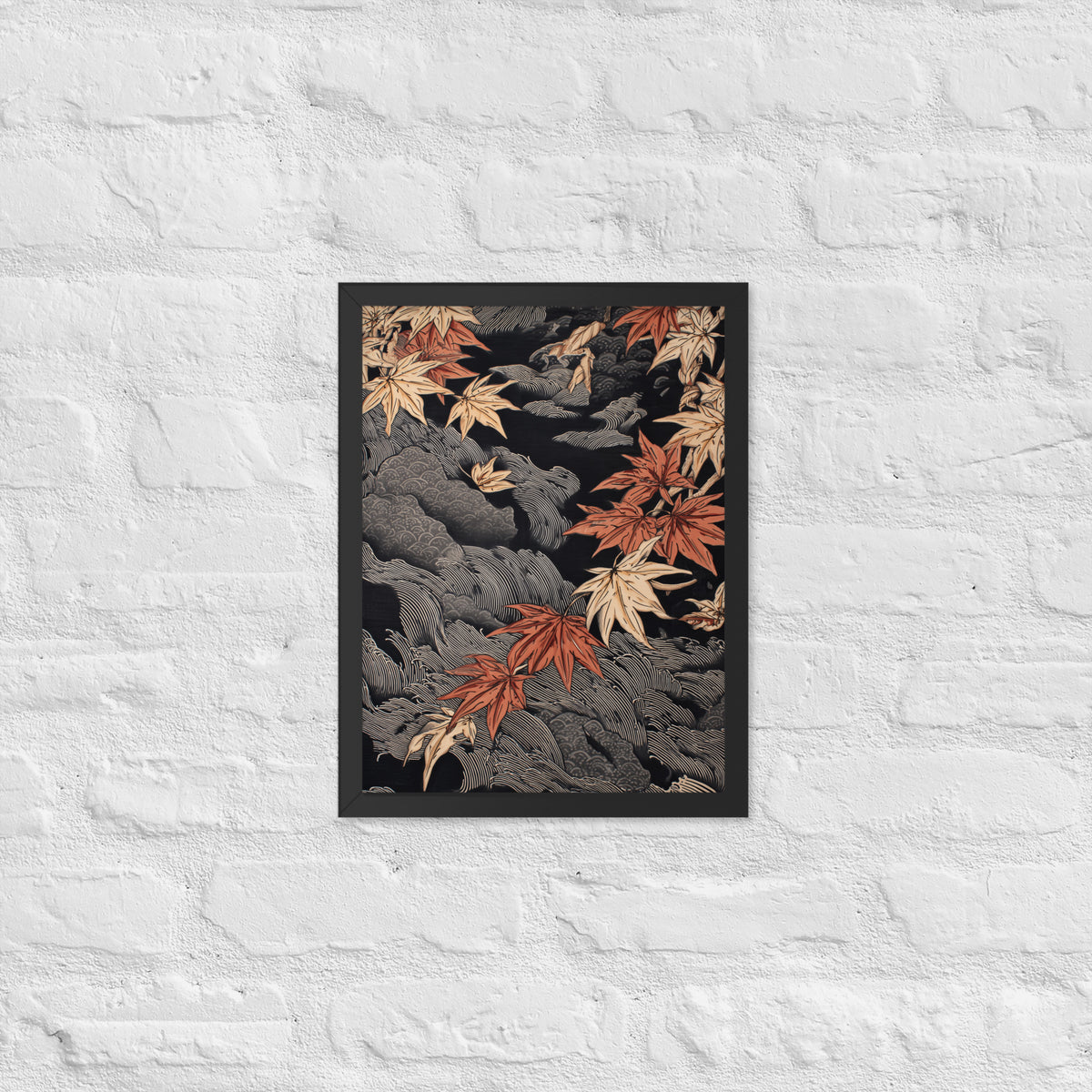 Framed matte paper poster: Red and ochre maple leaves stretch across layered rocks and dark flowing water.