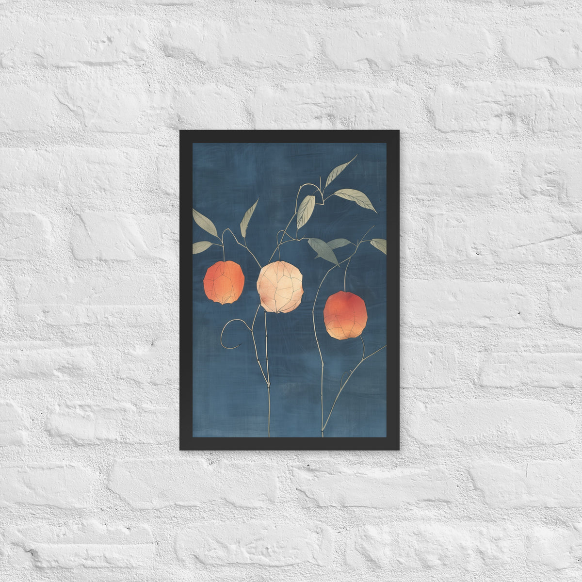 Framed matte paper poster: Orange and pale ground cherries hang from slender stems against a deep blue background.