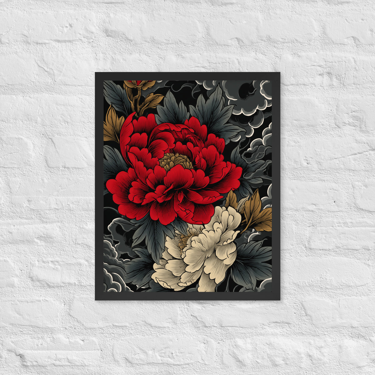 Framed matte paper poster: Vermilion and ivory peonies stand out against dark leaves and curling ink-like clouds.