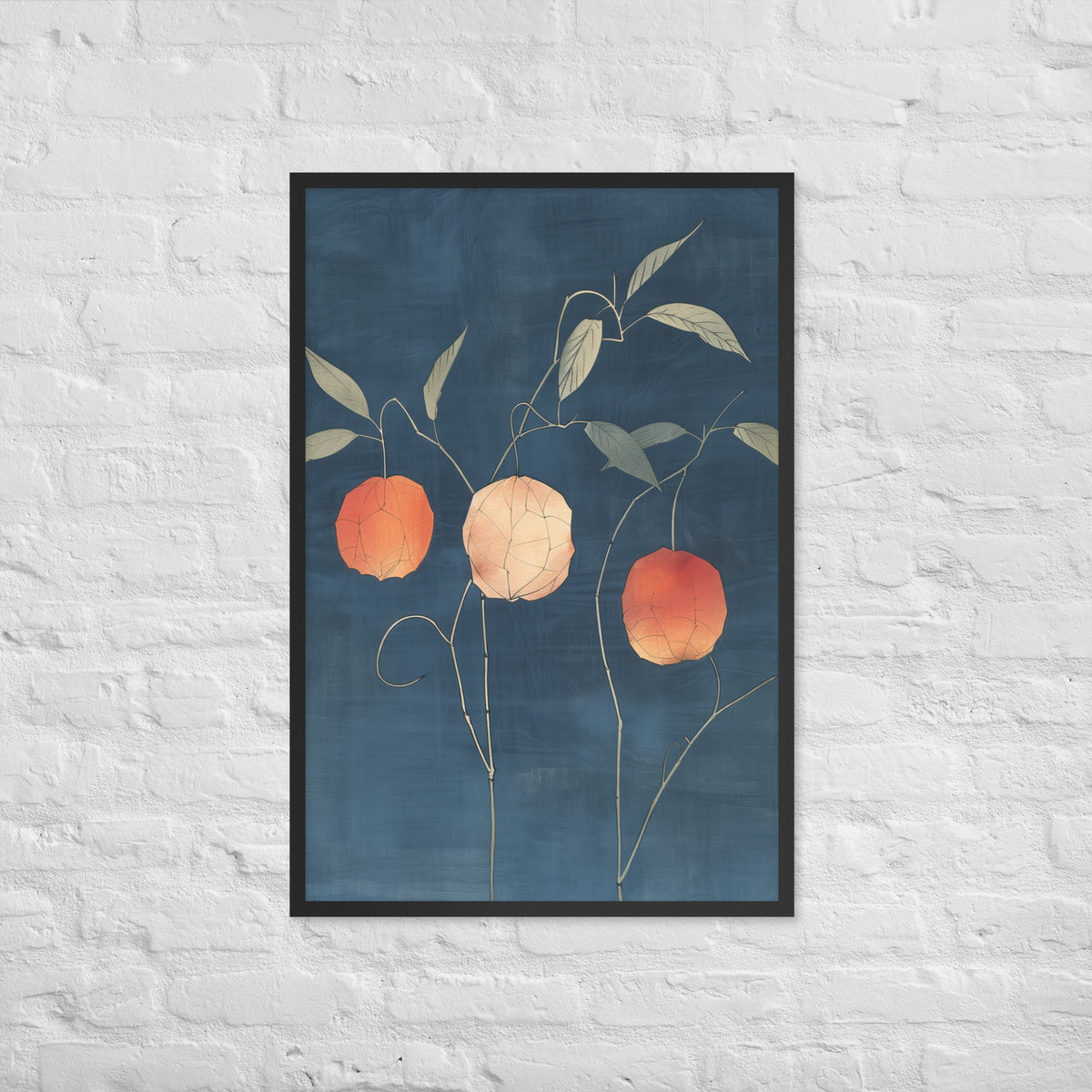Framed matte paper poster: Orange and pale ground cherries hang from slender stems against a deep blue background.