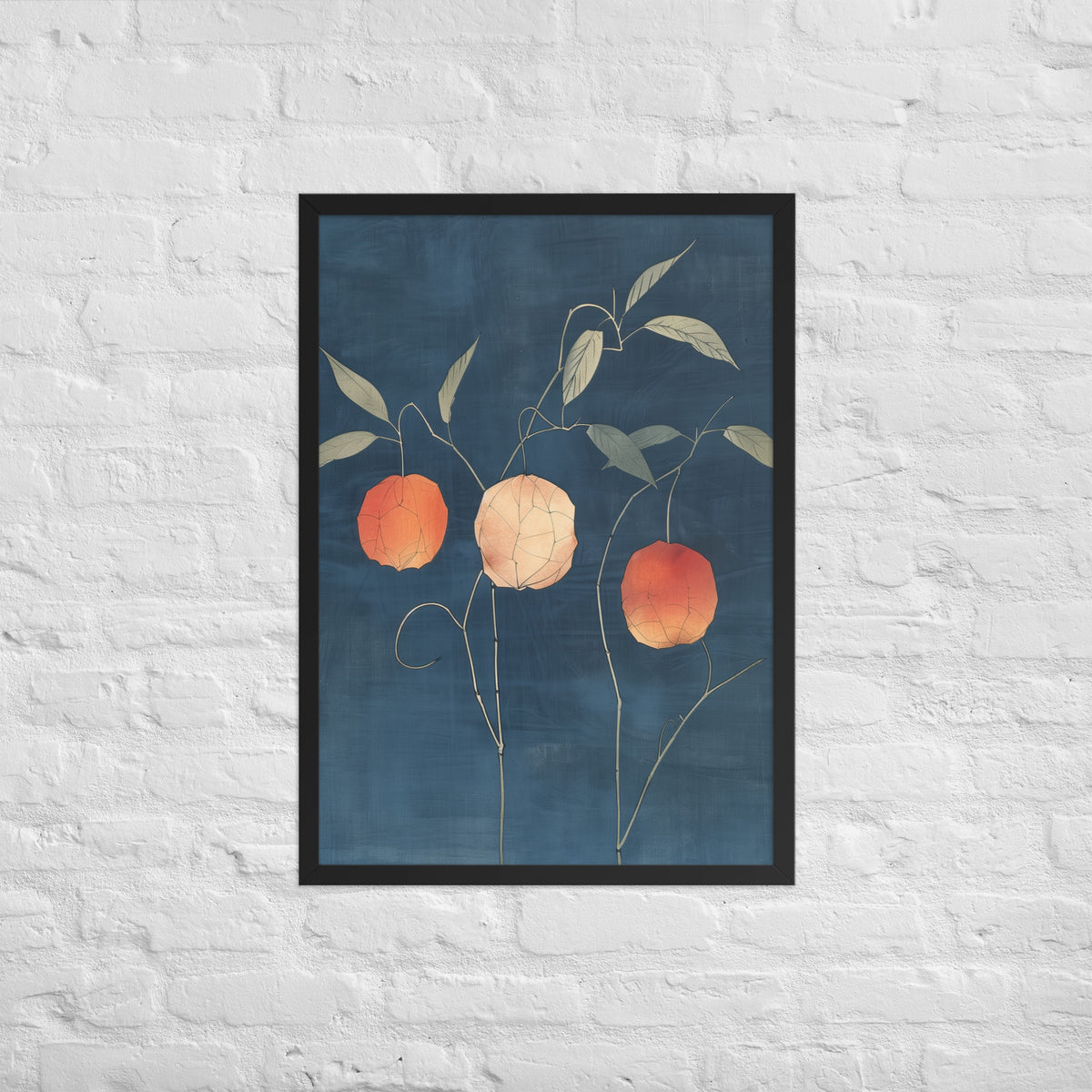 Framed matte paper poster: Orange and pale ground cherries hang from slender stems against a deep blue background.