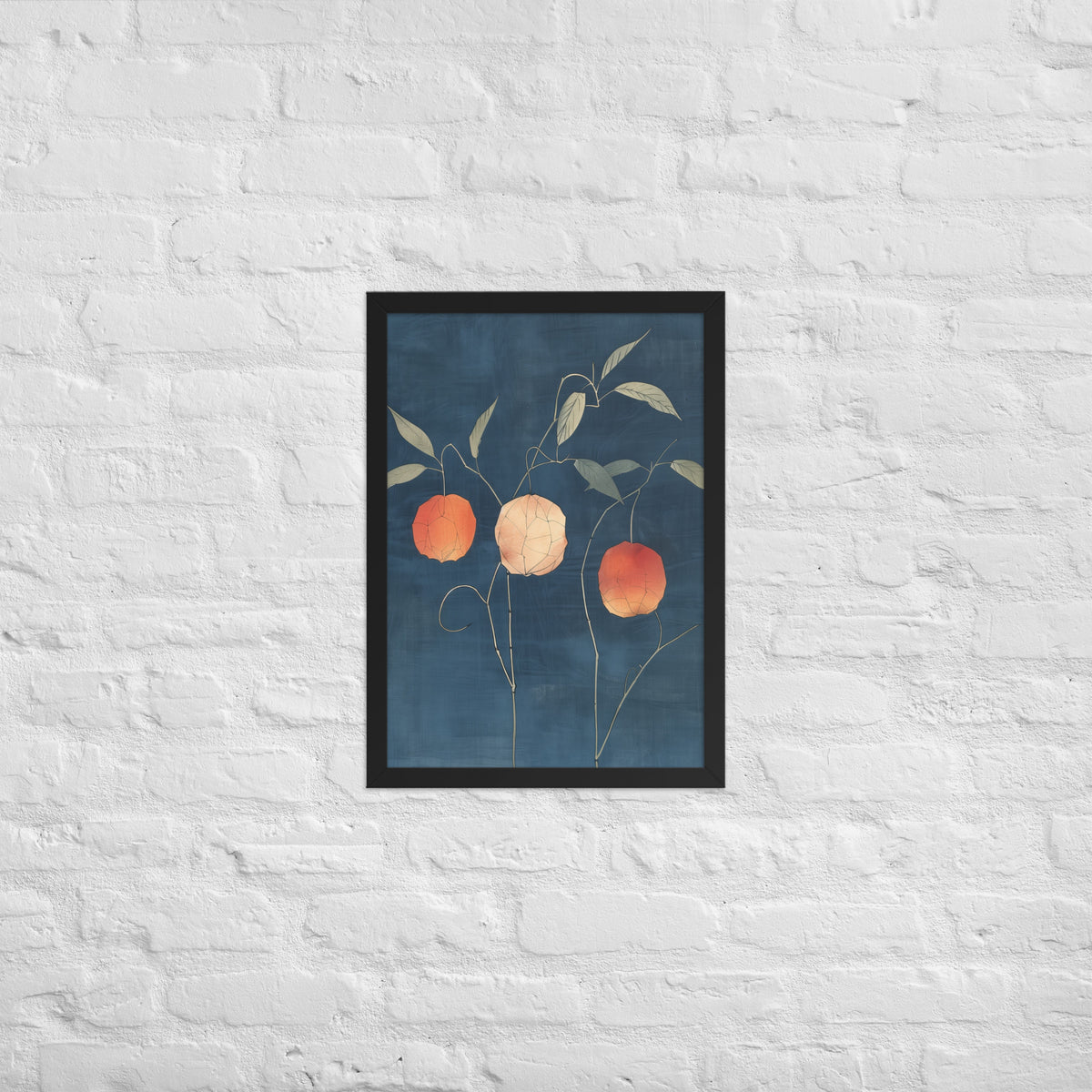 Framed matte paper poster: Orange and pale ground cherries hang from slender stems against a deep blue background.