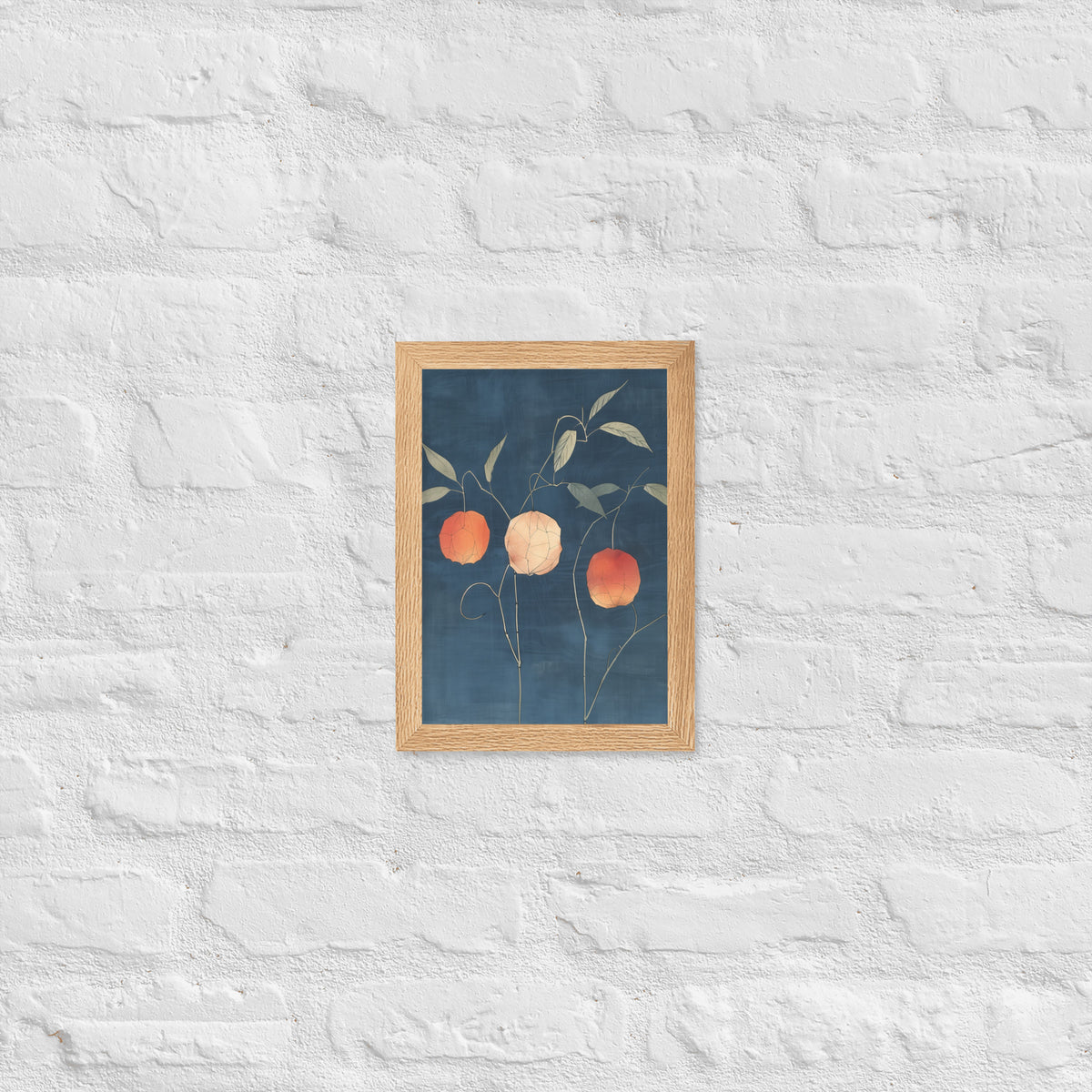 Framed matte paper poster: Orange and pale ground cherries hang from slender stems against a deep blue background.
