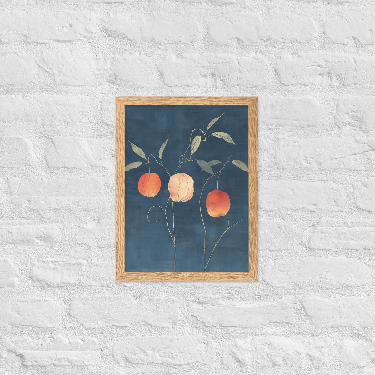 Framed matte paper poster: Orange and pale ground cherries hang from slender stems against a deep blue background.