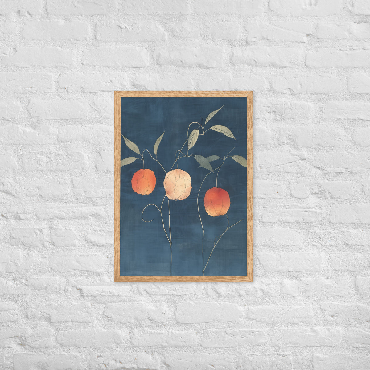Framed matte paper poster: Orange and pale ground cherries hang from slender stems against a deep blue background.