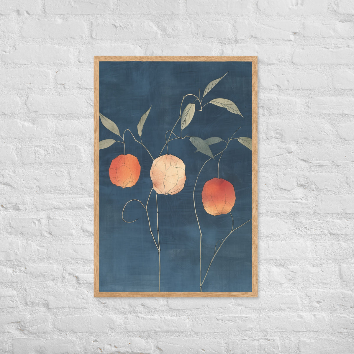 Framed matte paper poster: Orange and pale ground cherries hang from slender stems against a deep blue background.