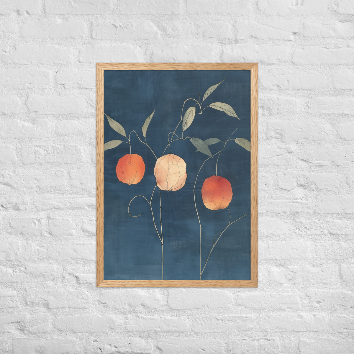 Framed matte paper poster: Orange and pale ground cherries hang from slender stems against a deep blue background.