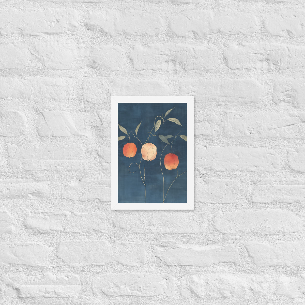 Framed matte paper poster: Orange and pale ground cherries hang from slender stems against a deep blue background.