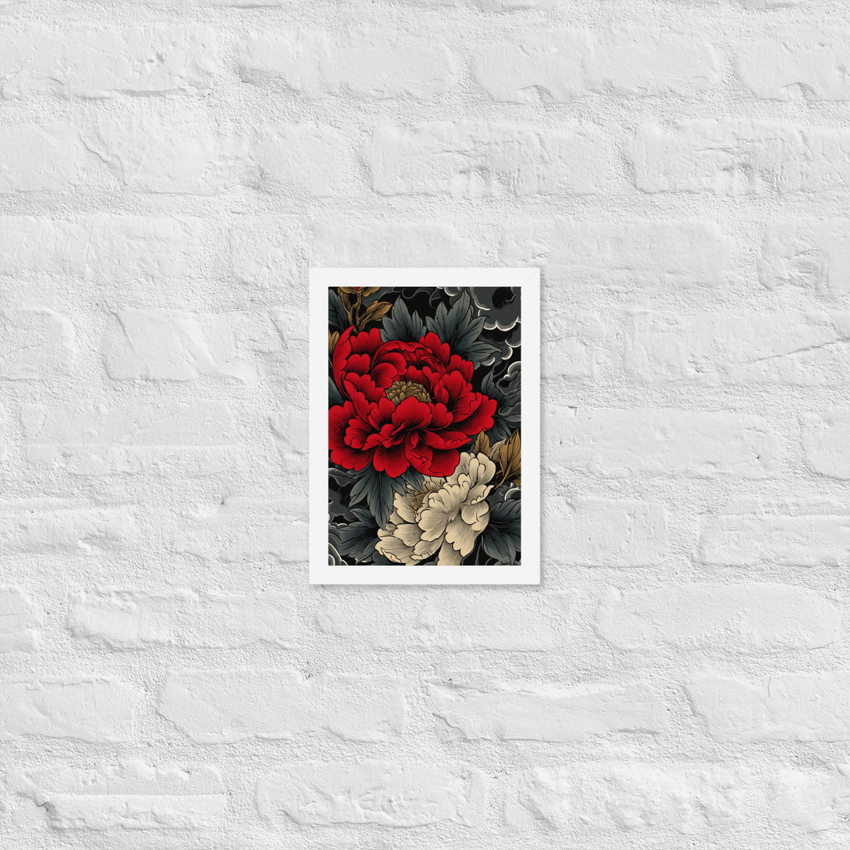 Framed matte paper poster: Vermilion and ivory peonies stand out against dark leaves and curling ink-like clouds.