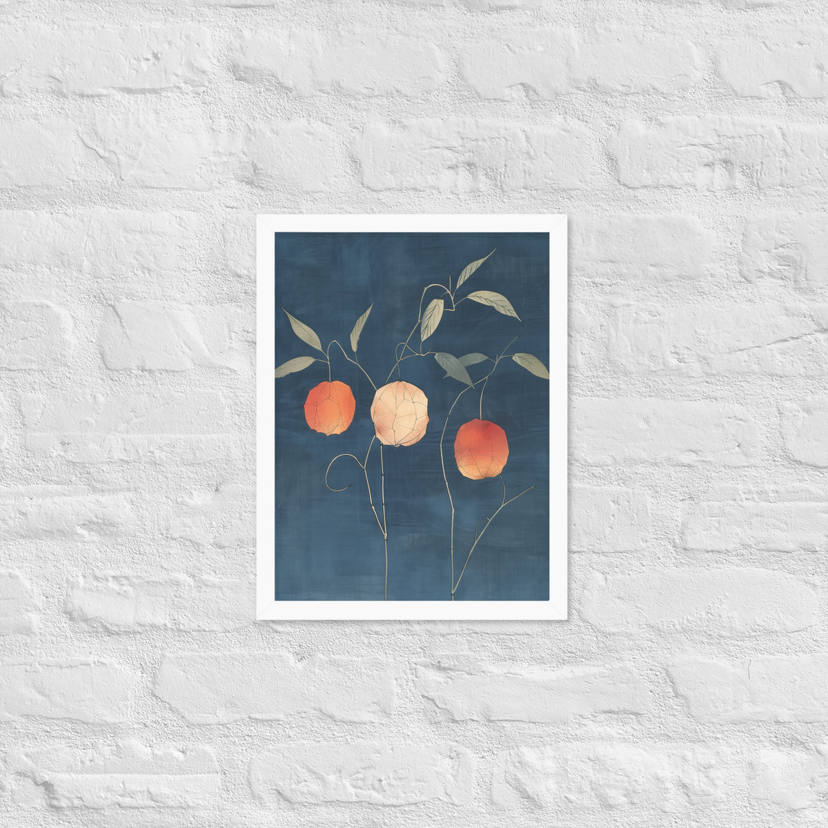 Framed matte paper poster: Orange and pale ground cherries hang from slender stems against a deep blue background.
