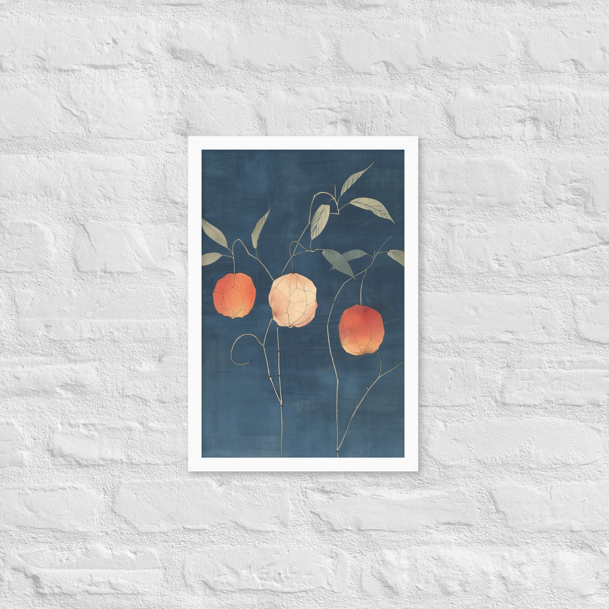 Framed matte paper poster: Orange and pale ground cherries hang from slender stems against a deep blue background.