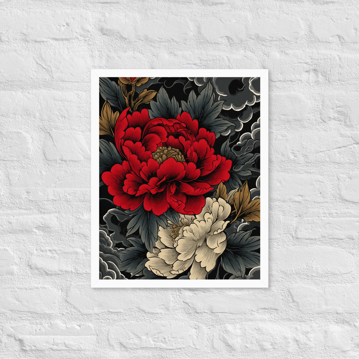 Framed matte paper poster: Vermilion and ivory peonies stand out against dark leaves and curling ink-like clouds.