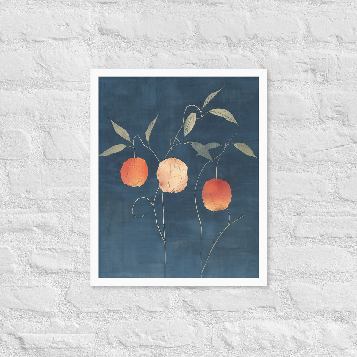 Framed matte paper poster: Orange and pale ground cherries hang from slender stems against a deep blue background.