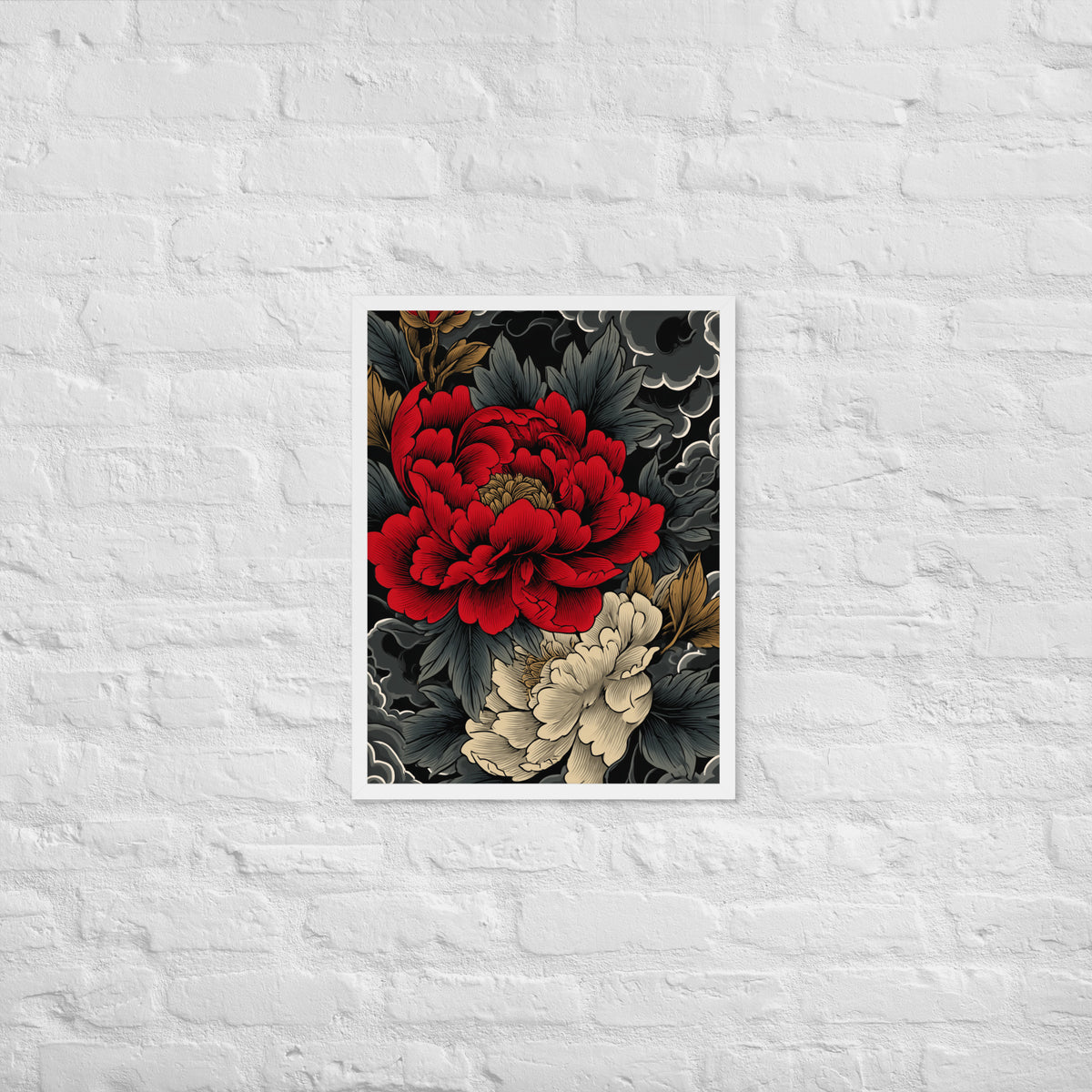 Framed matte paper poster: Vermilion and ivory peonies stand out against dark leaves and curling ink-like clouds.