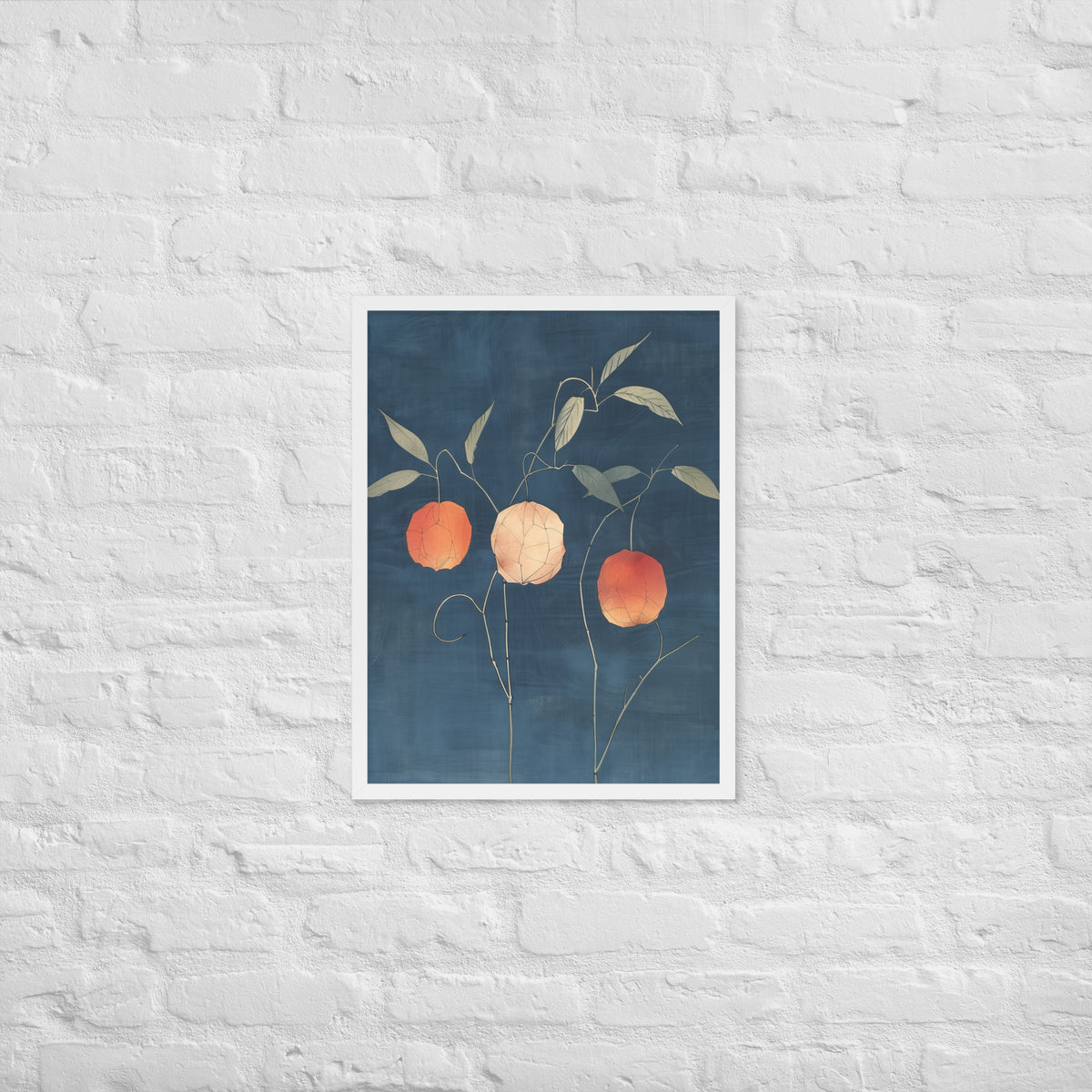Framed matte paper poster: Orange and pale ground cherries hang from slender stems against a deep blue background.