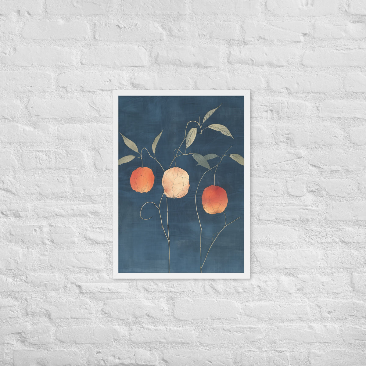 Framed matte paper poster: Orange and pale ground cherries hang from slender stems against a deep blue background.