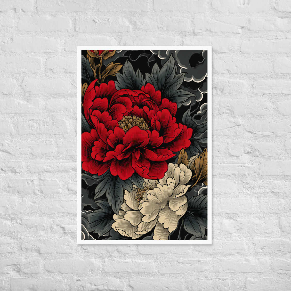 Framed matte paper poster: Vermilion and ivory peonies stand out against dark leaves and curling ink-like clouds.