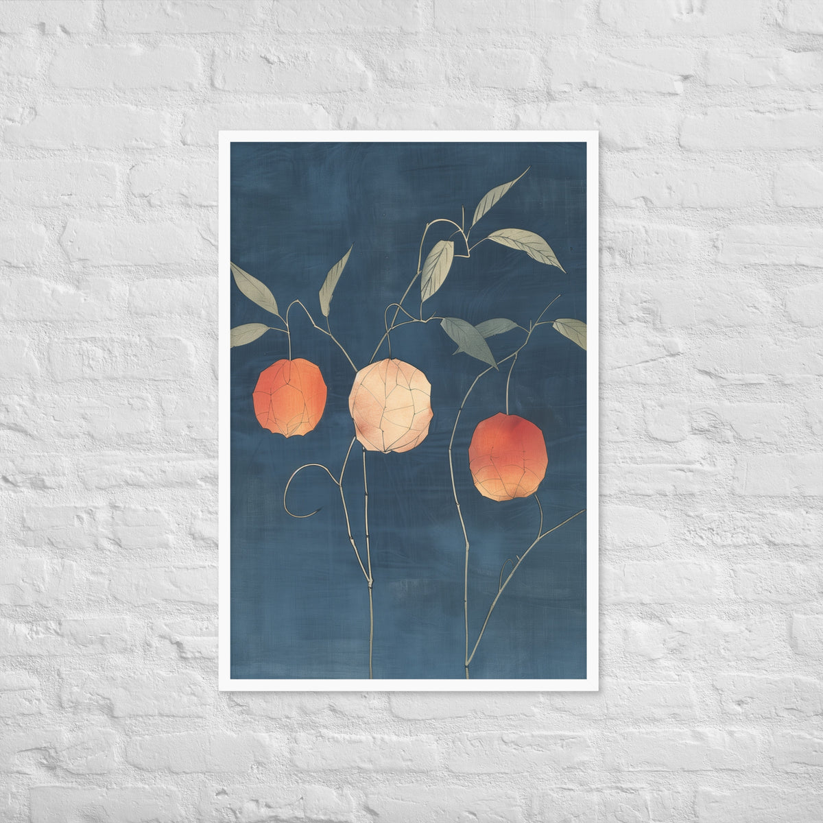 Framed matte paper poster: Orange and pale ground cherries hang from slender stems against a deep blue background.